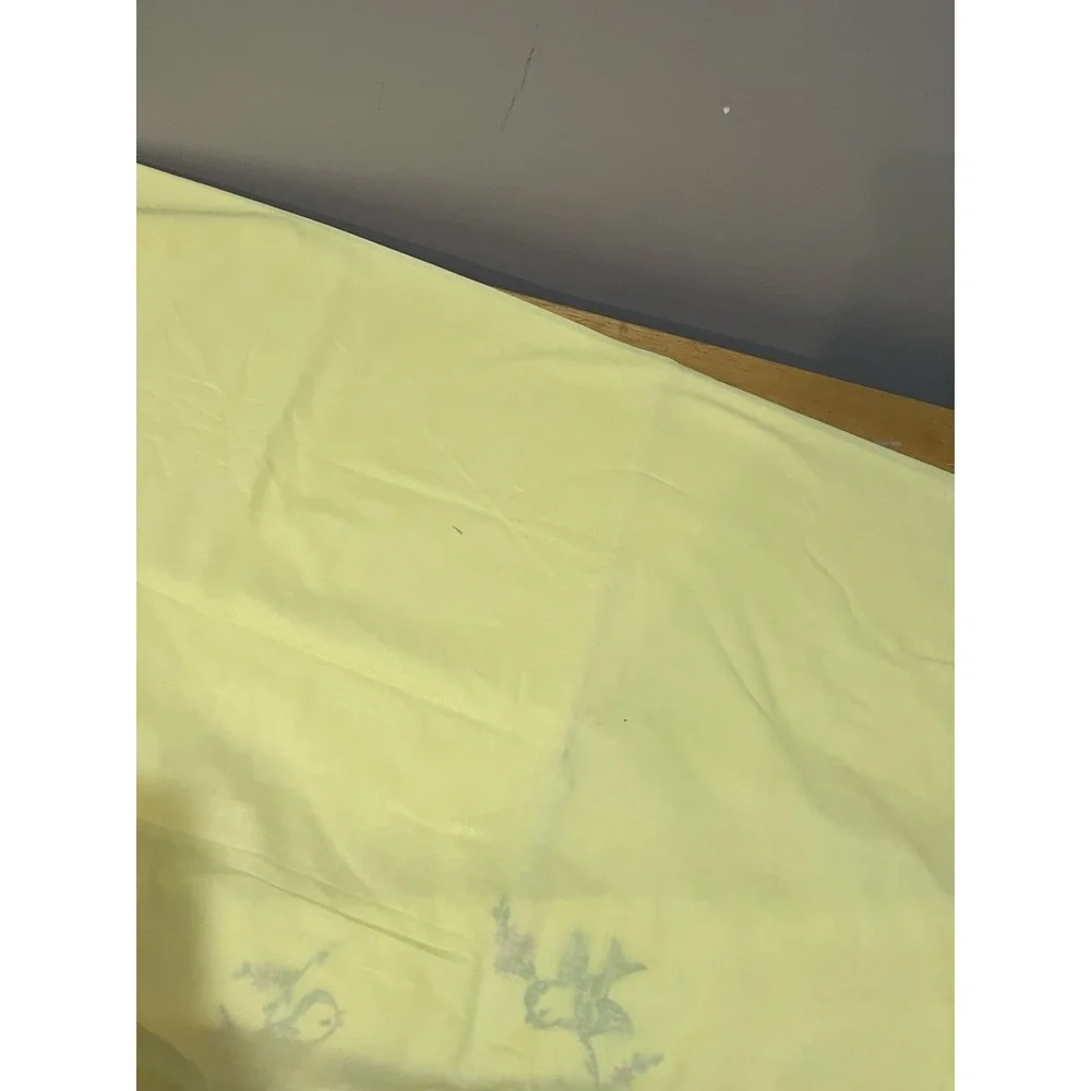 Vtg His & Hers Full Flat Sheet Birds Yellow Pillowcases Fading Screen‎ print